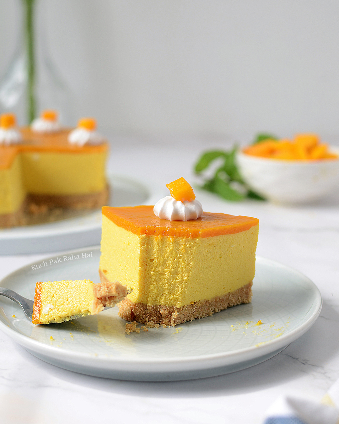 No Bake Eggless Mango Cheesecake no eggs no gelatin