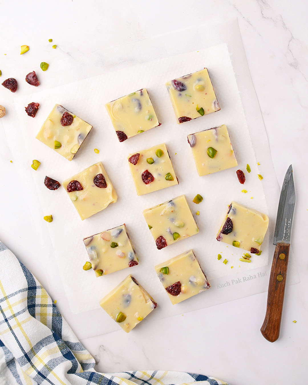 White Chocolate Fudge with condensed milk cranberries pistachios