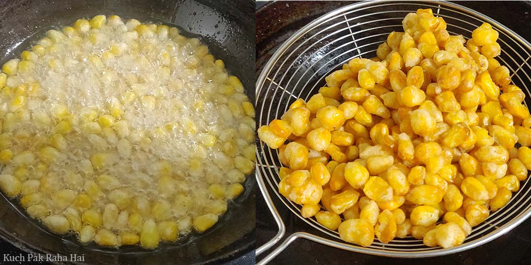 Deep frying corn kernels till they are crispy.