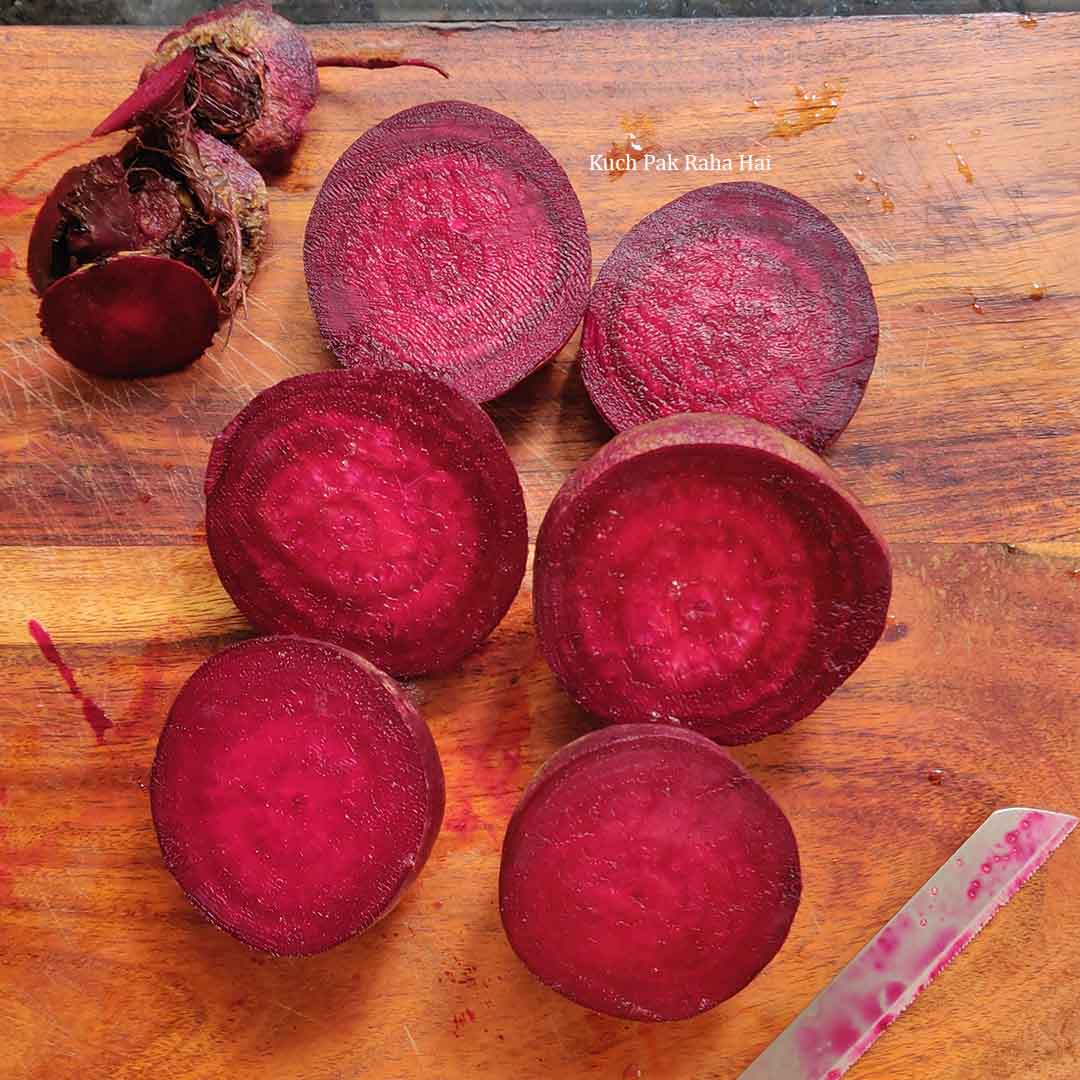 Chopping beetroots before roasting.
