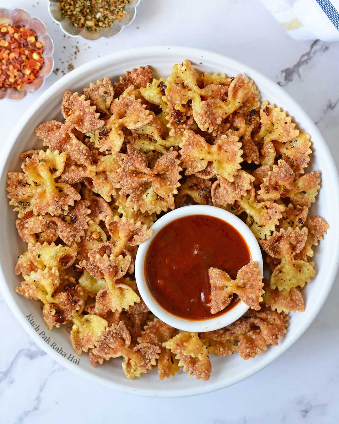 Air fried bowtie pasta chips.