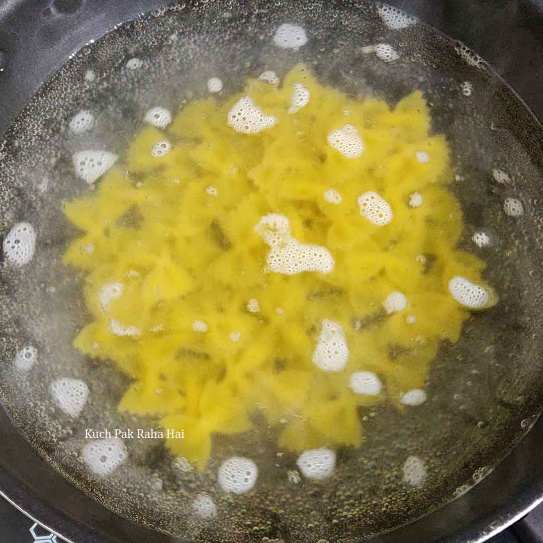 Boiling pasta in a pot.