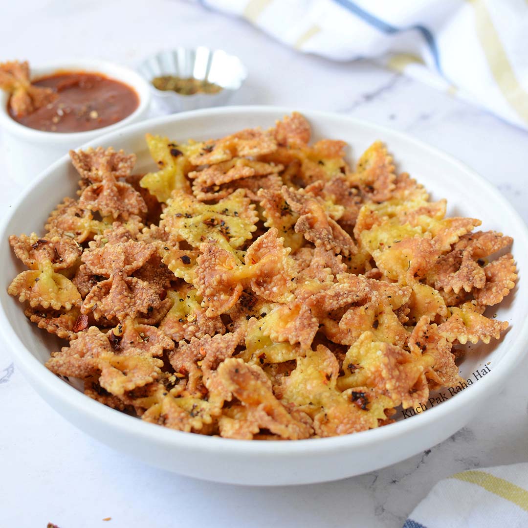 Air Fryer Pasta Chips in a white bowl.