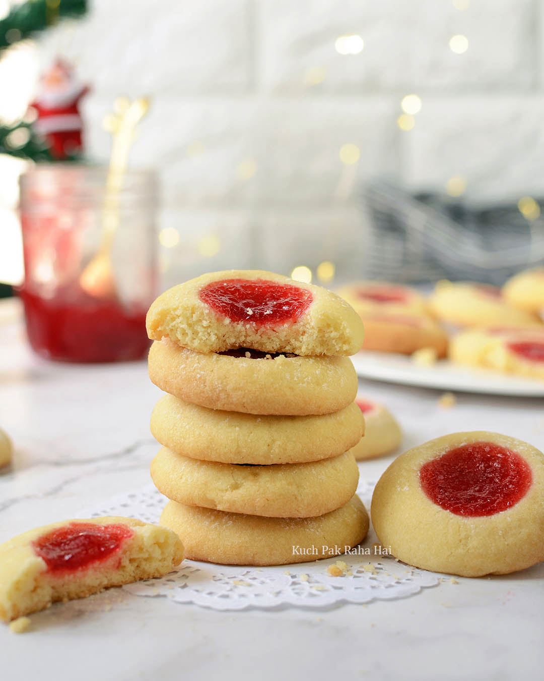 Inside texture of Thumbprint Cookies-crunchy & buttery.