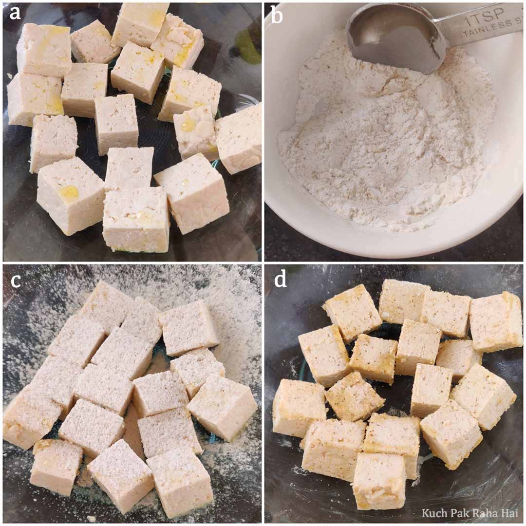 Coating tofu with cornflour.