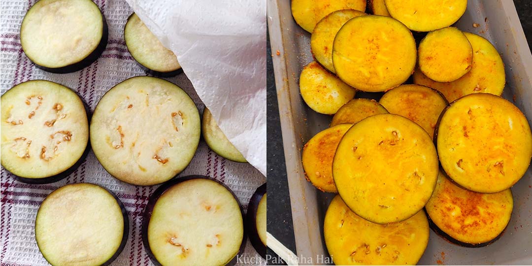 Marinating eggplant slices.