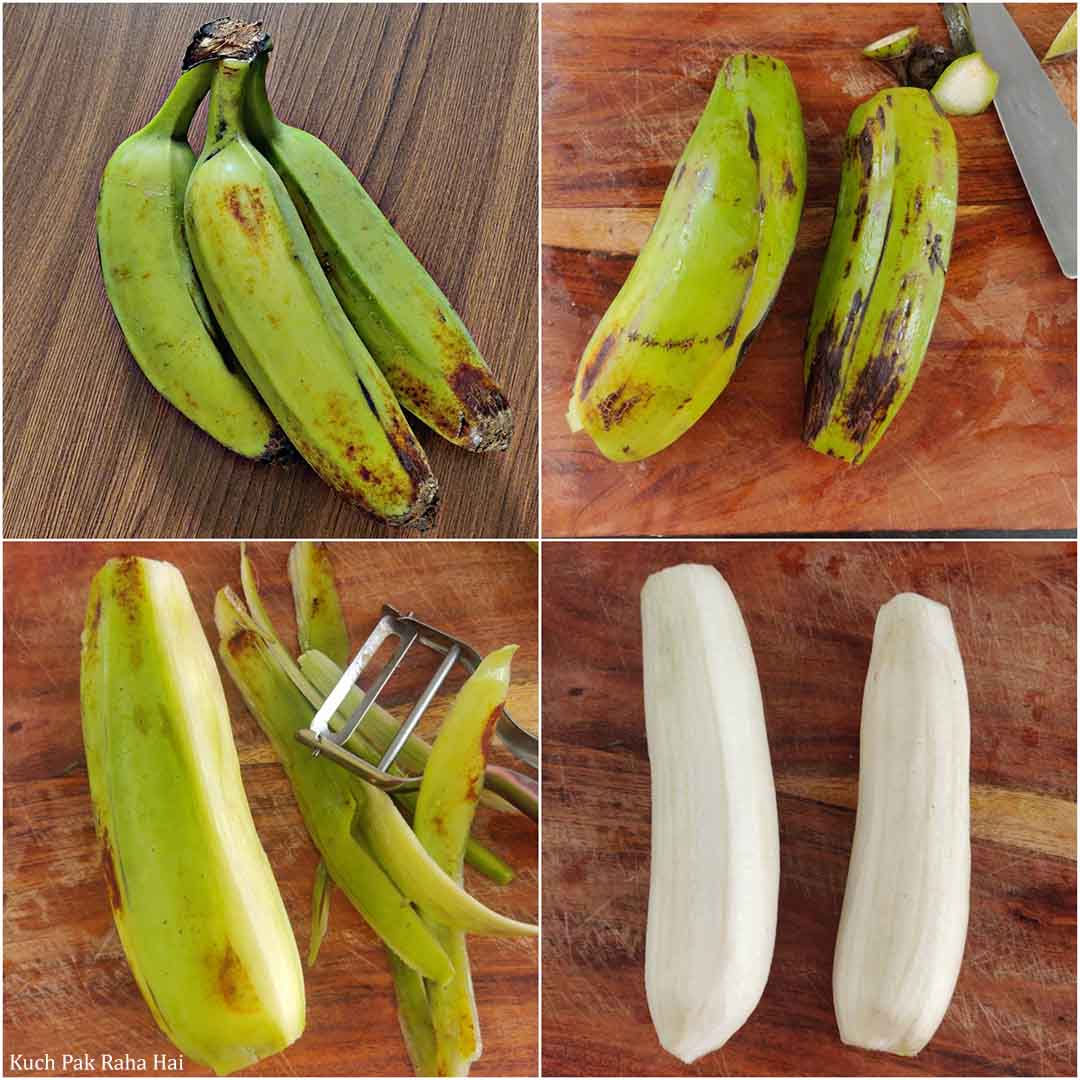 Peeling banana or plantains.