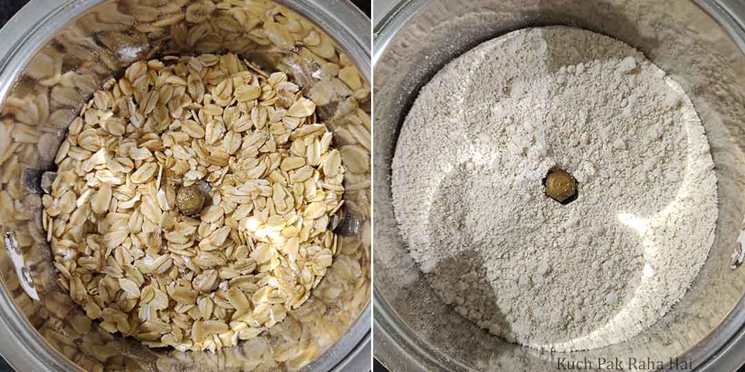 Preparing oats flour for mug cake.