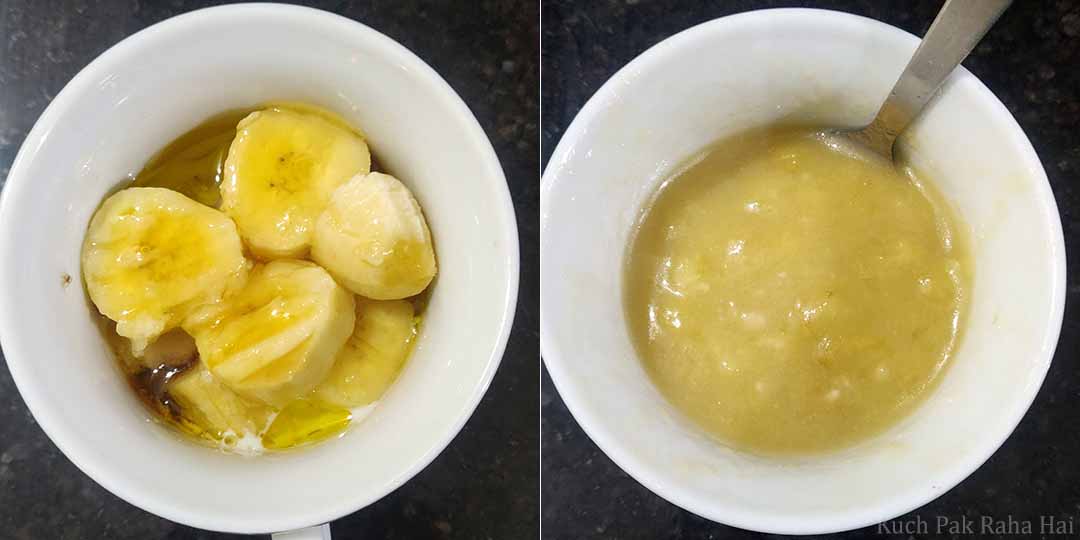 Mashing banana & liquid ingredients.