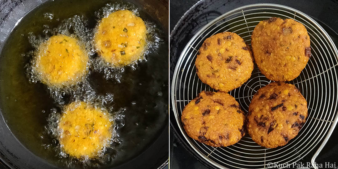 Deep frying lentil fritters on stovetop.