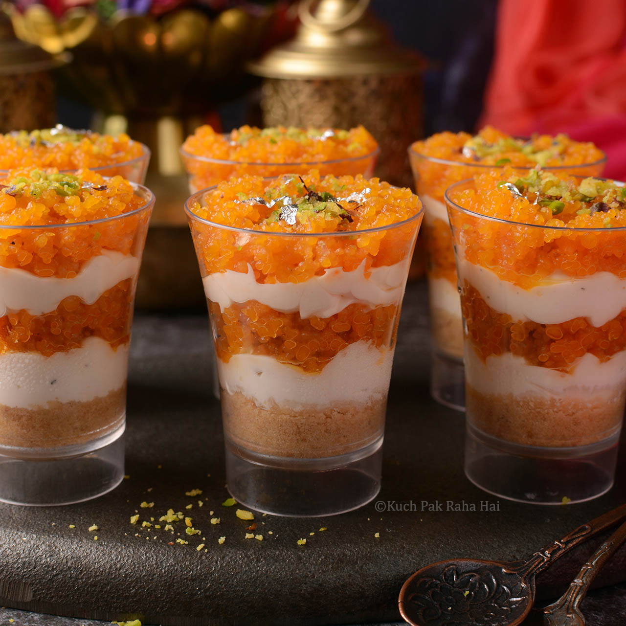 Motichoor Ladoo Cheesecake Shots Indian fusion food.