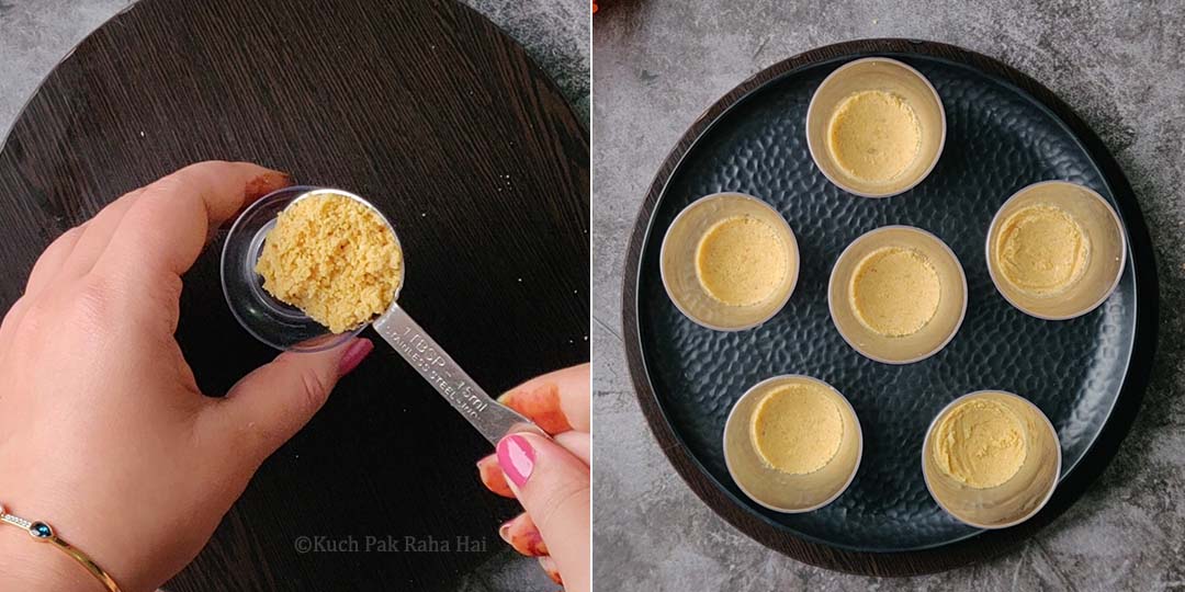 Transferring biscuit crumble in shot glasses.