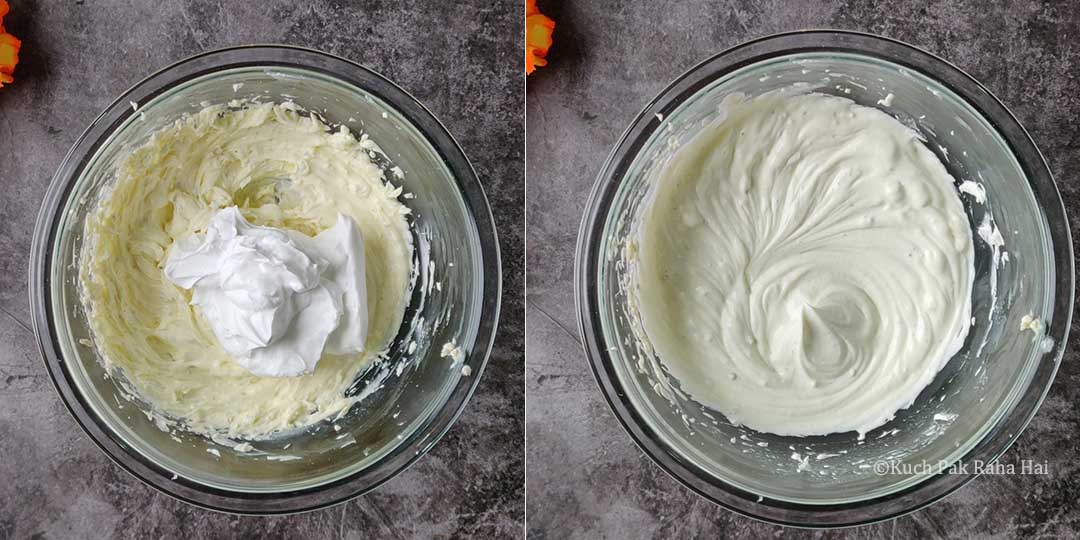 Mixing cream cheese & whipped cream.