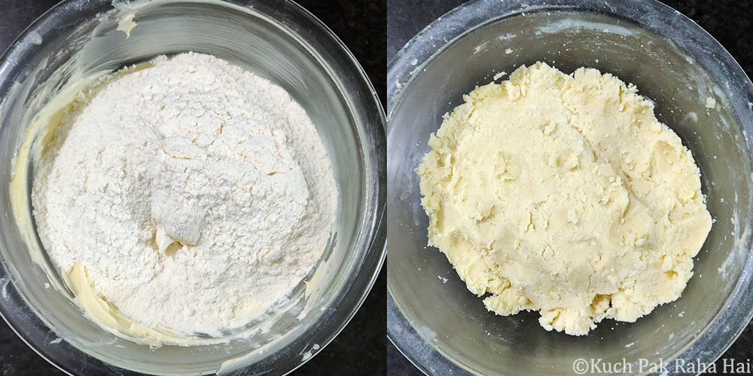 Mixing flour with butter & sugar.