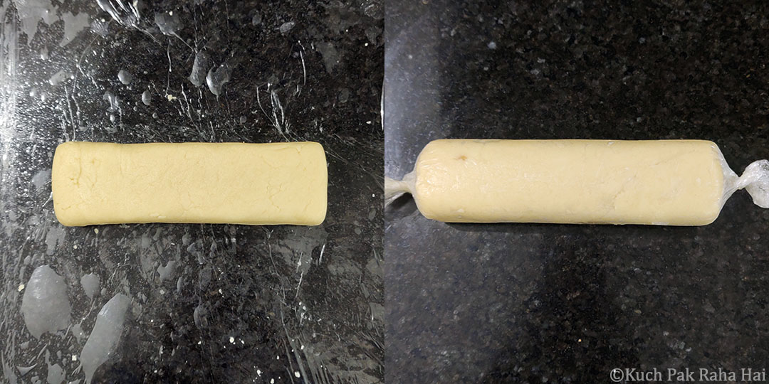 Wrapping cookie dough in cling film.
