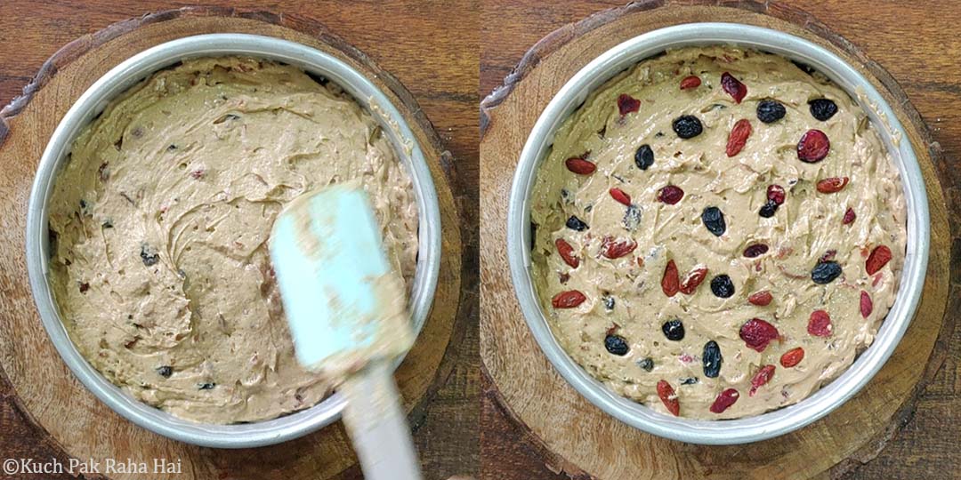 Transferring cake batter in tin.