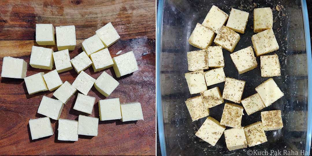 Marinating paneer.