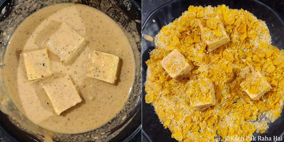 Coating paneer cubes in breadcrumbs & cornflakes.