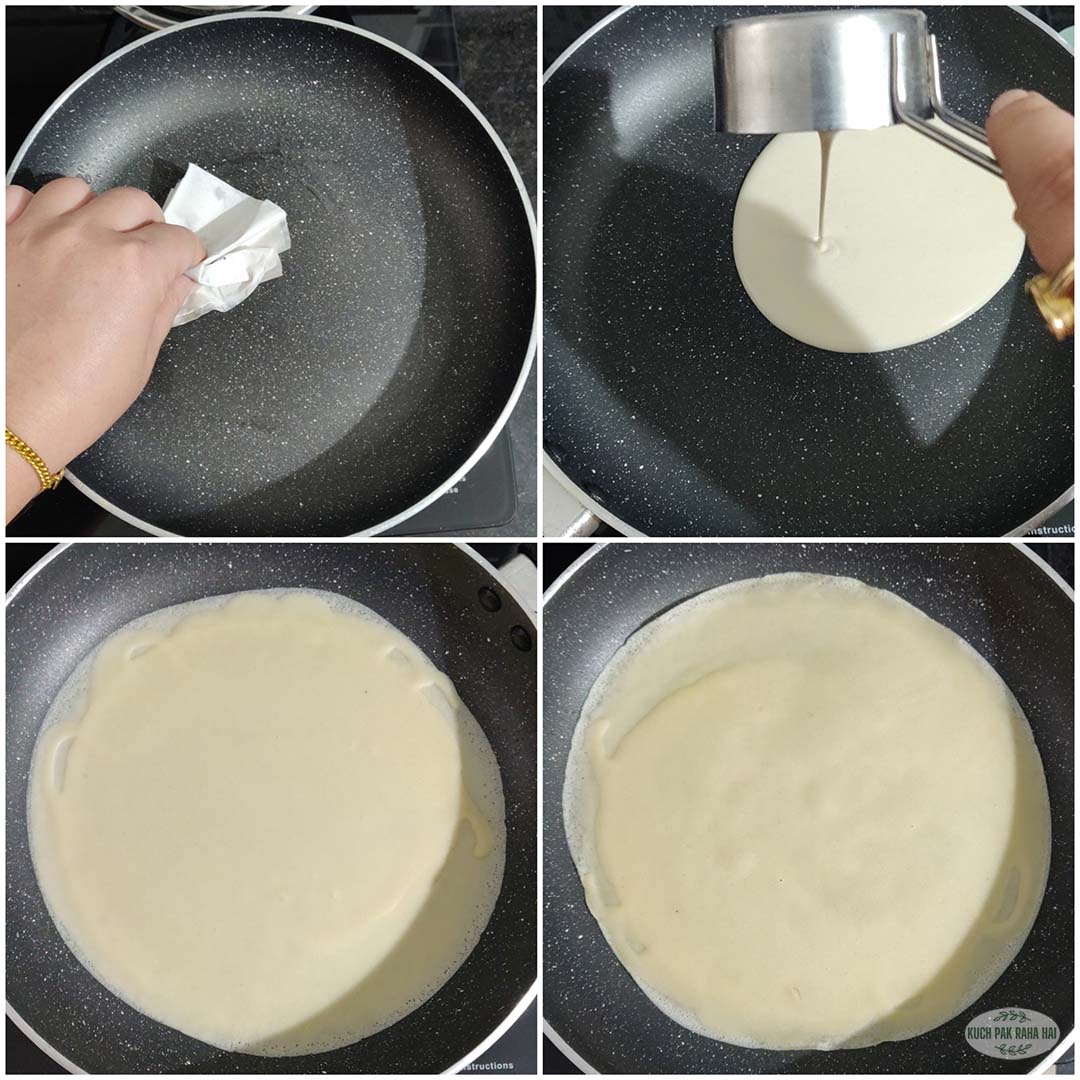 Spreading crepe batter on a non stick pan.