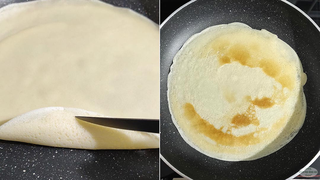 Flipping crepe to cook from other side.