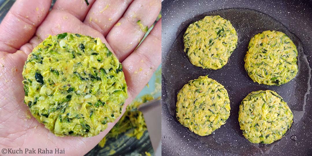 Cooking Zucchini Fritters on stovetop in a pan.