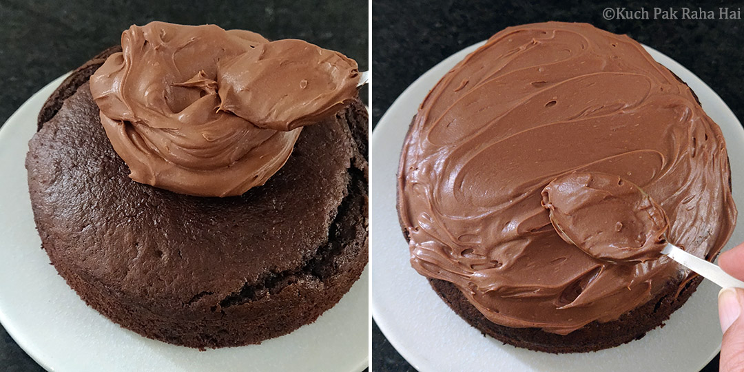 Frosting cake with ganache.
