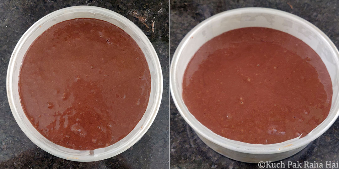 Transferring batter in cake tin.