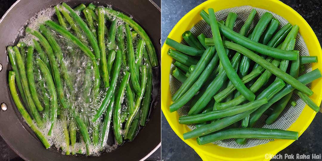 Boiling green beans.