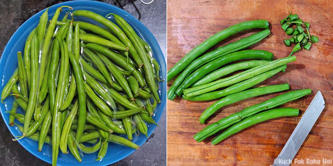 Cleaning & chopping green beans.