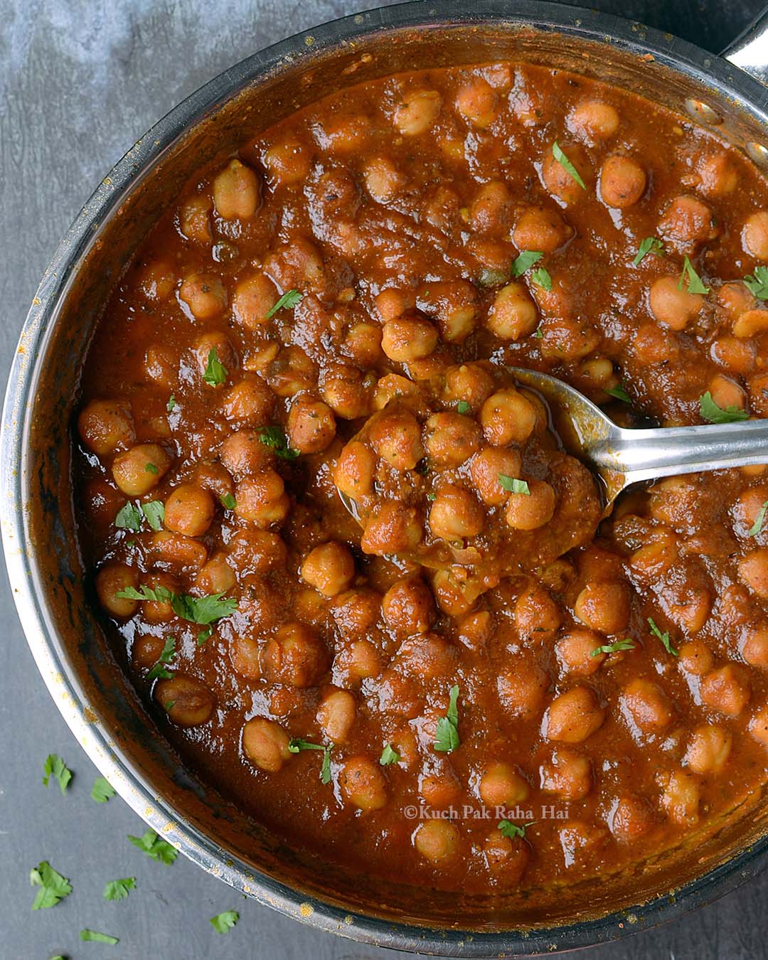 Chickpea (chana) masala curry in pan.