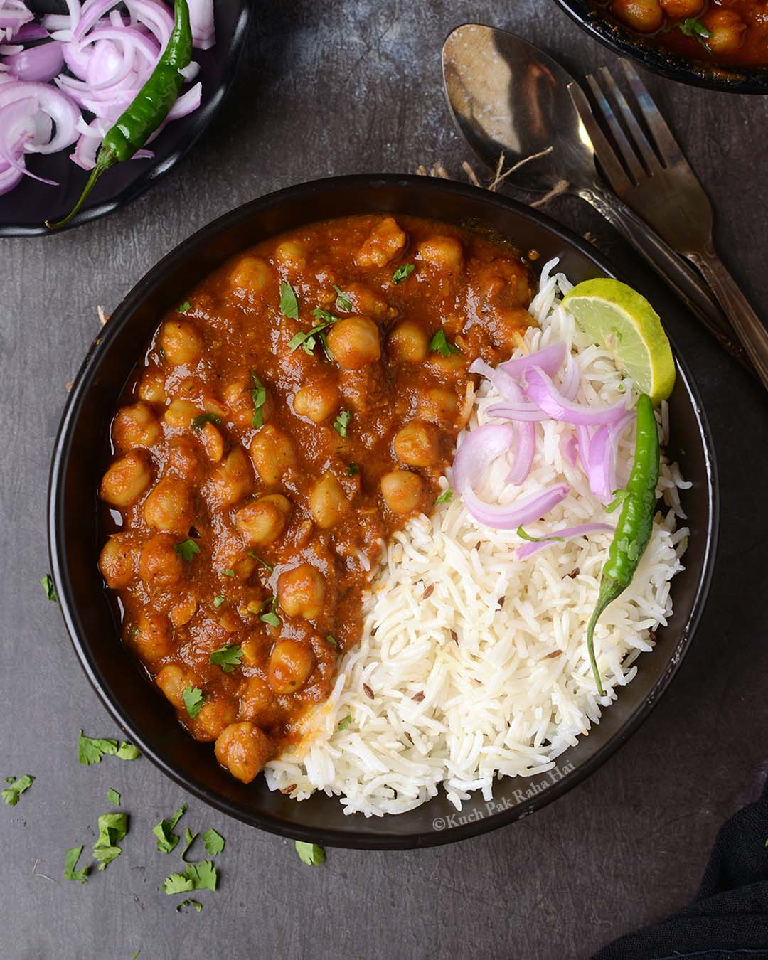 Chana masala served with basmati rice.