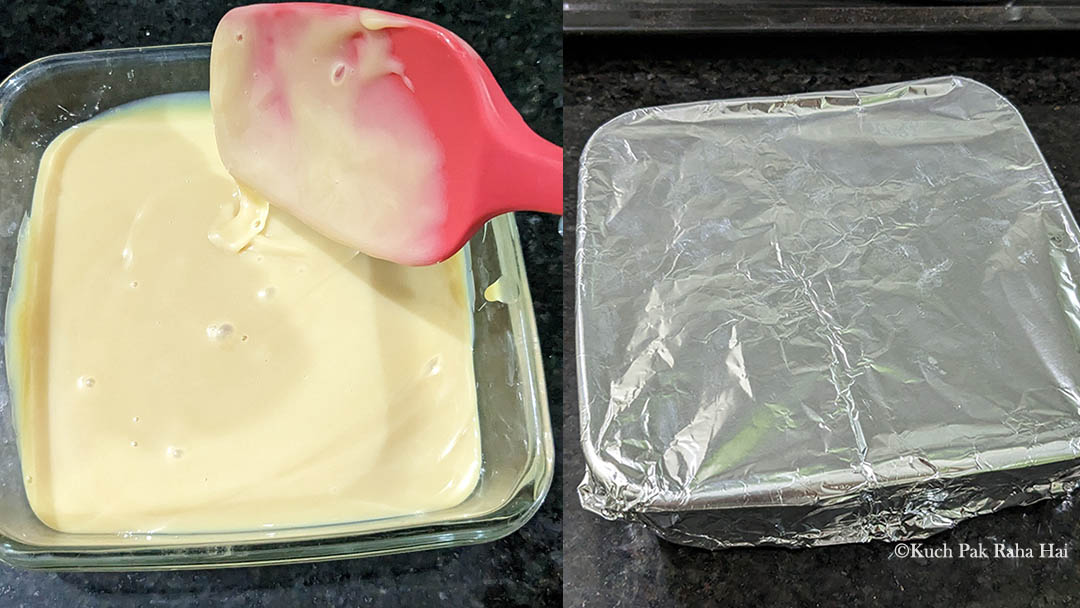 Transferring condensed milk in oven safe dish.