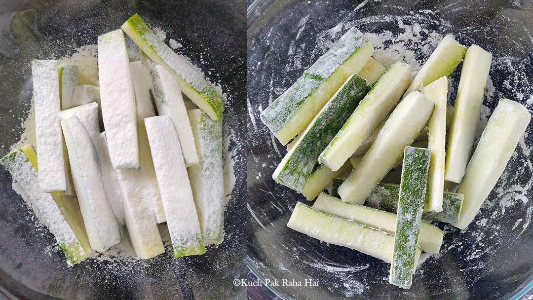 Zucchini fries coated with dry flour.