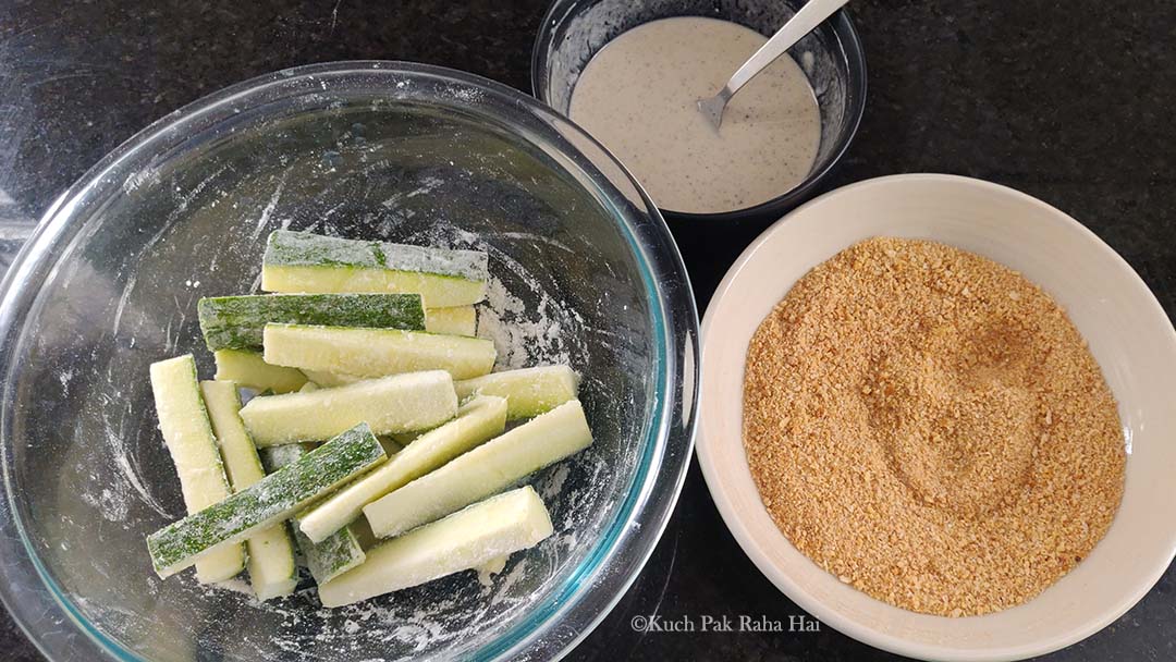 Breading station for zucchini.