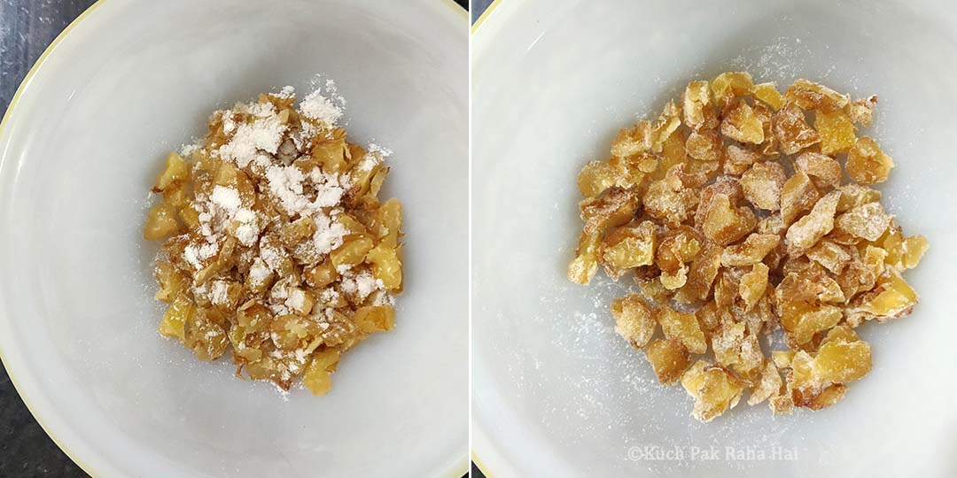 Dusting walnuts with flour.