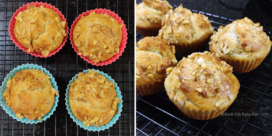 air fryer banana muffins cooling down on wire rack.