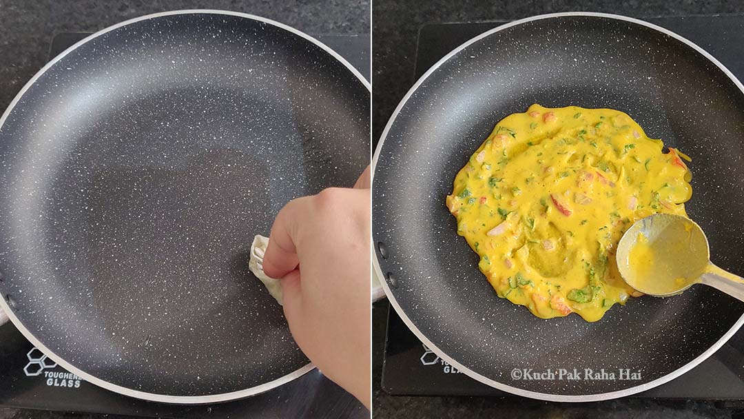 Making chickpea flour pancakes in a pan.