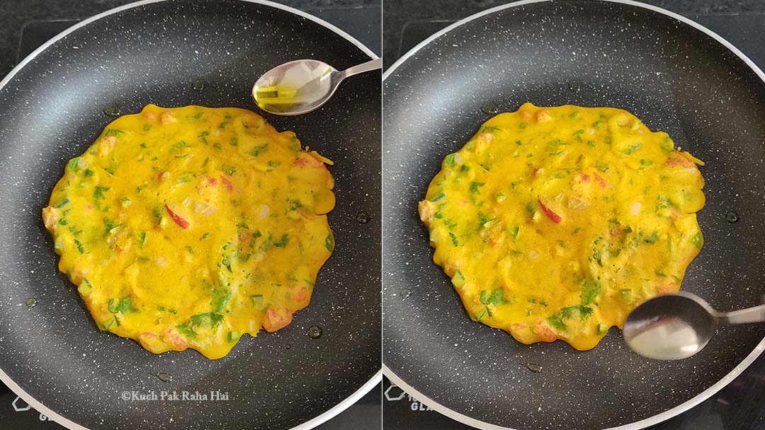 Cooking chilla or pancakes in a pan.