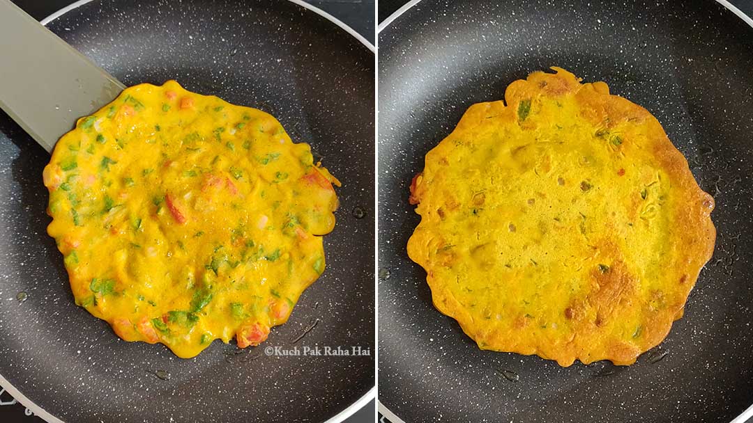 Flipping chickpea flour pancakes.