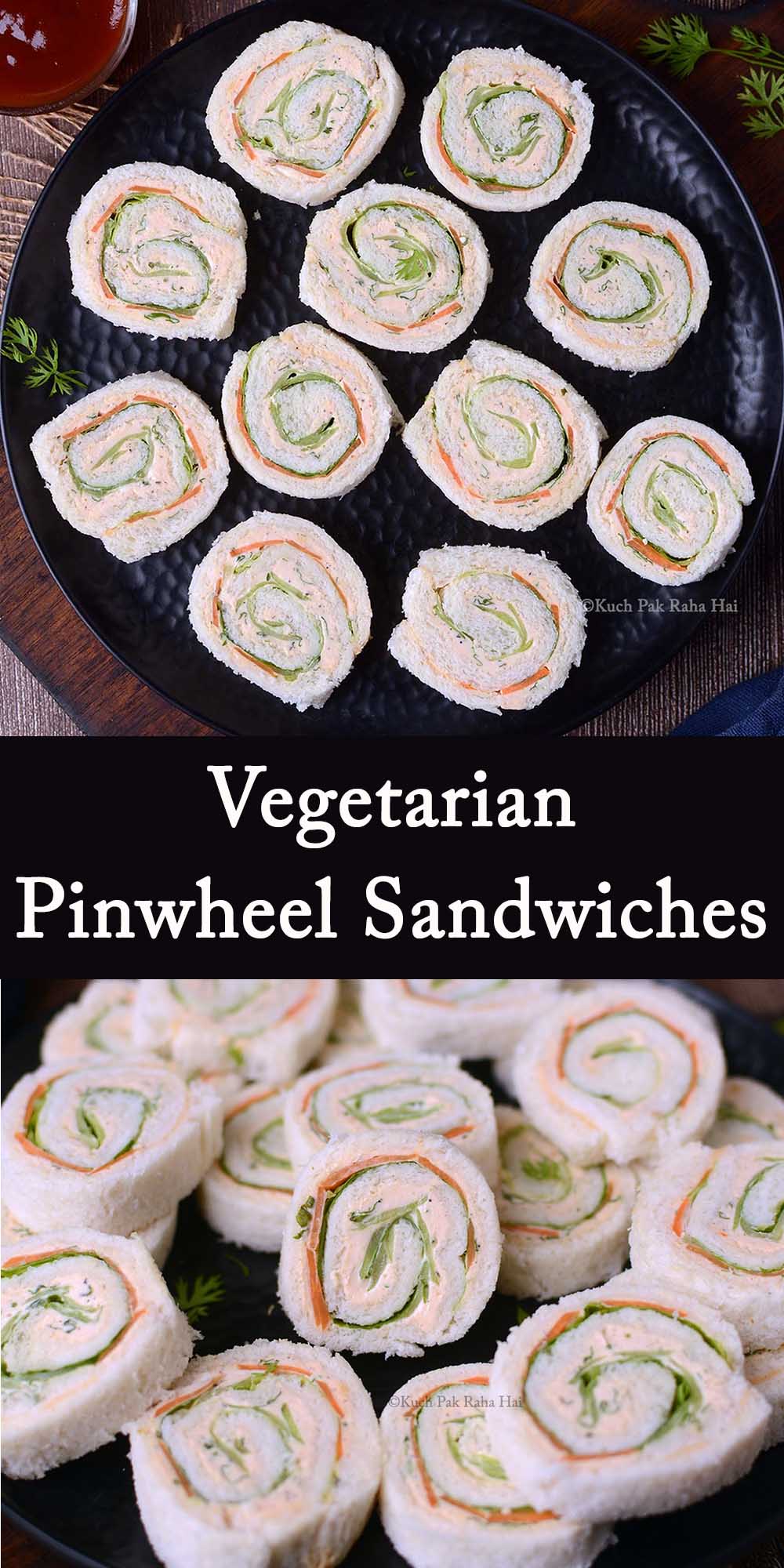 Veg pinwheel sandwiches with bread, cream cheese for party.