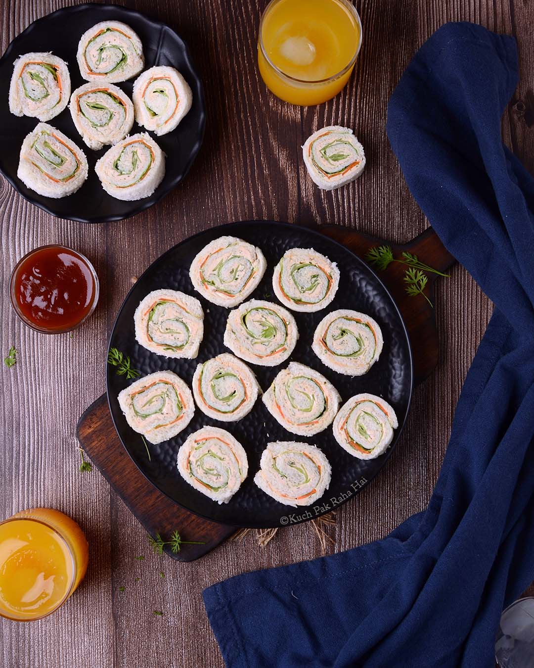 Pinwheel sandwiches with cream cheese.