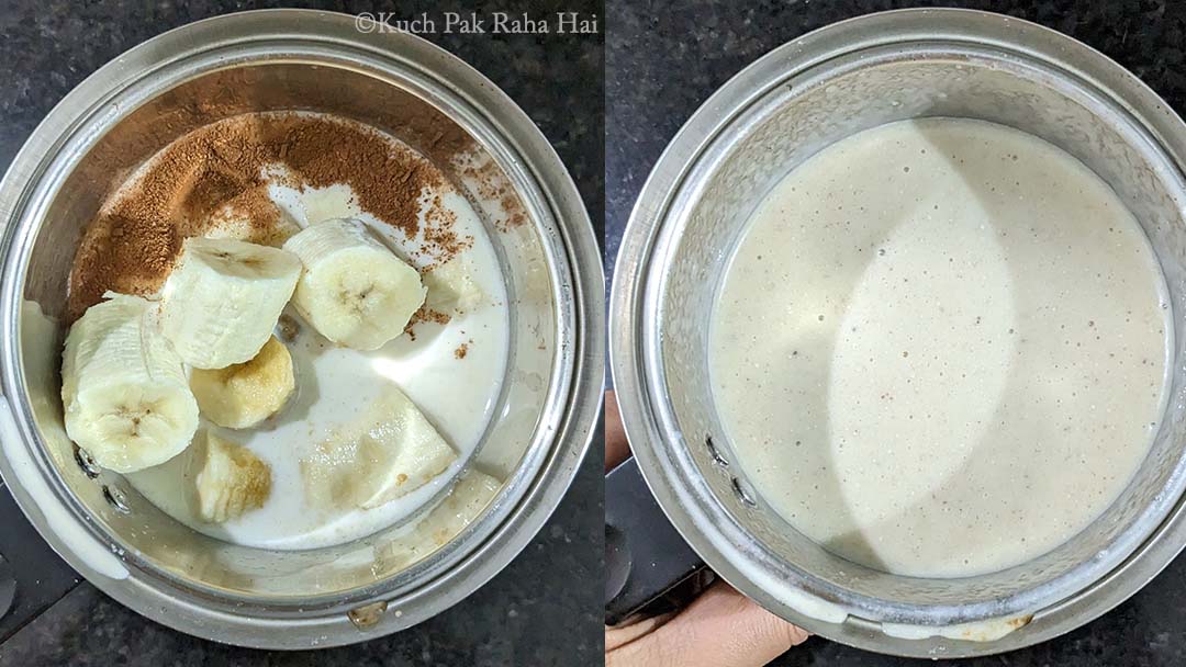 Blending banana, milk, vanilla & cinnamon.