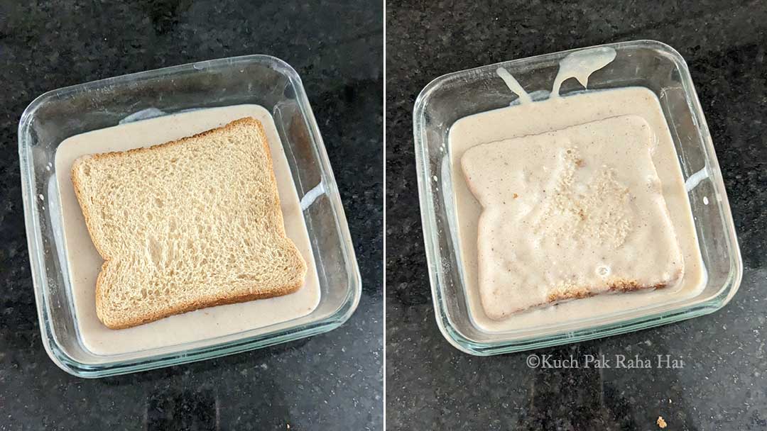 Dipping bread in banana milk mixture.