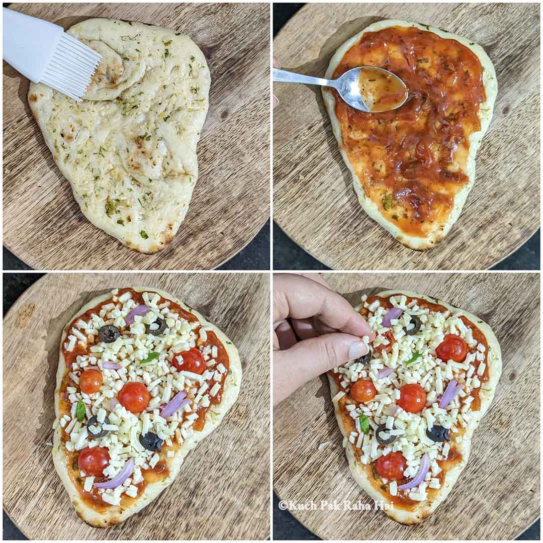 Putting tomato sauce, cheese & toppings on naan pizza.