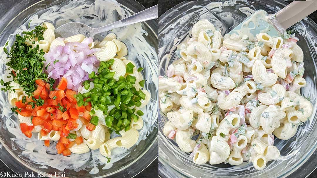 Mixing macaroni and vegetables with salad dressing.