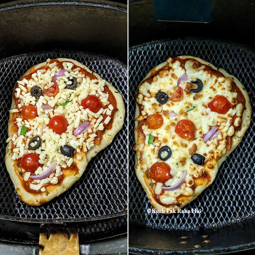Making Naan pizza with tomatoes, olive & onion in air fryer.