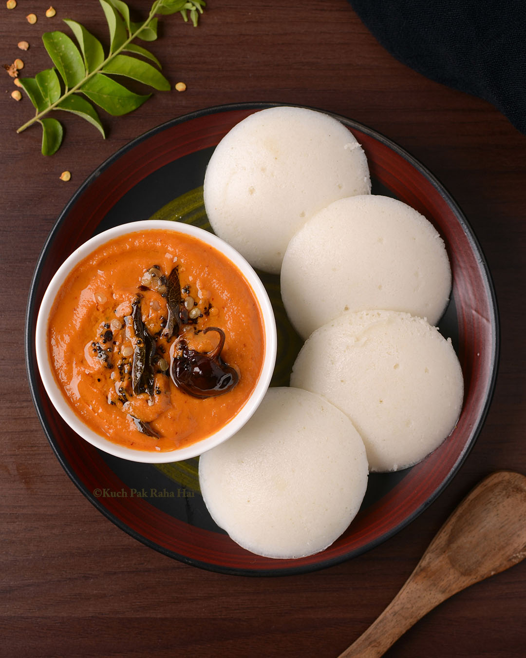 South Indian onion tomato chutney served with idli.