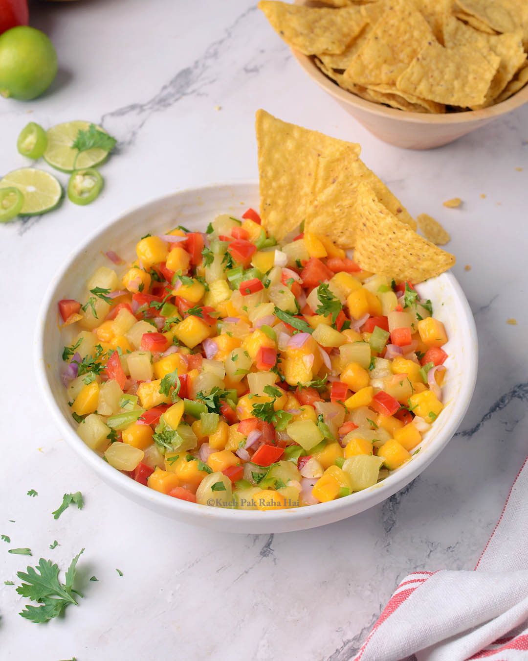 Pineapple mango salsa served with chips.