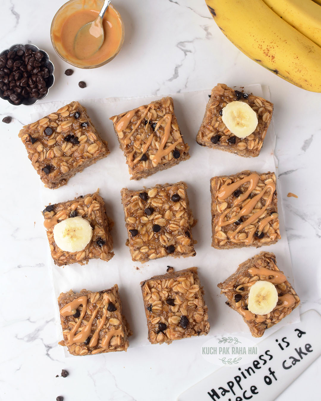 Banana peanut butter oatmeal bars with chocolate chips.