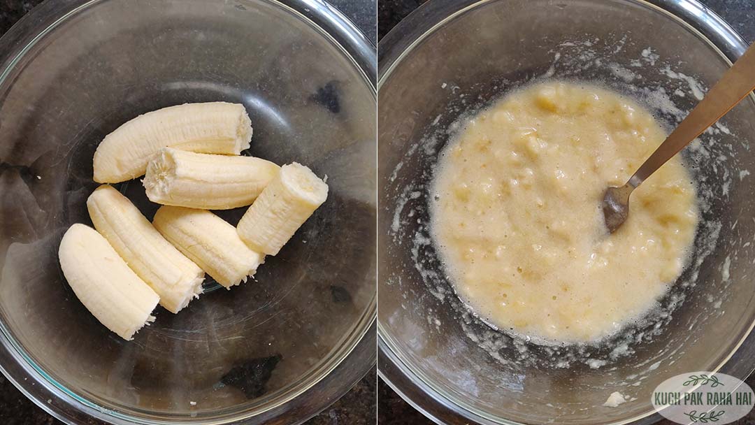 Mashing banana in a bowl with a fork.